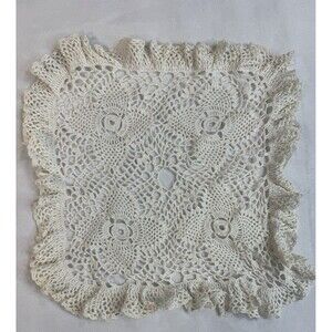 Vintage Handmade Off White Crocheted Table Doily Ruffled Trim 9 Inch Square